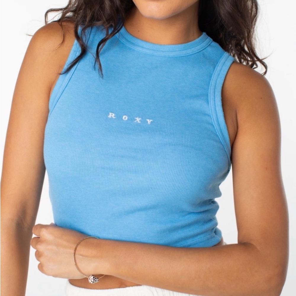 NWT Roxy ribbed light blue tank top with white logo